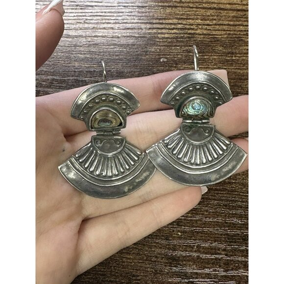 Vintage Sterling Silver & Abalone Fan Hinged Artisan Pierced Earrings! 113 - Picture 2 of 4